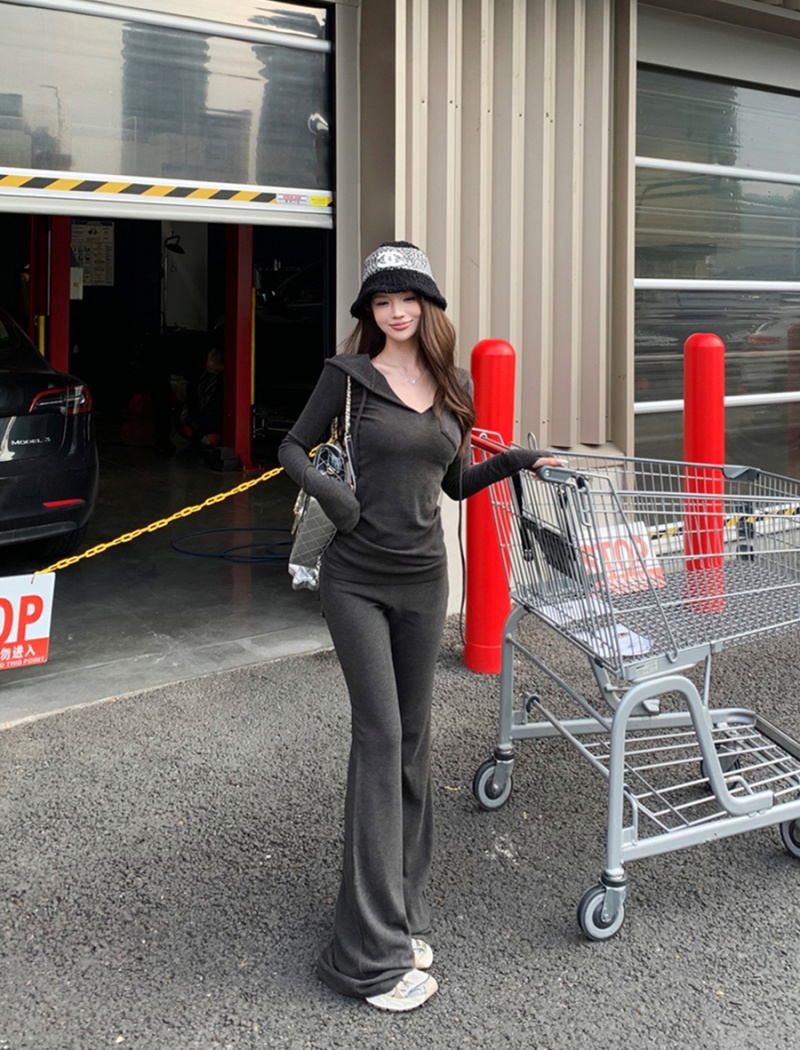 Pinched waist slim long pants autumn tops a set