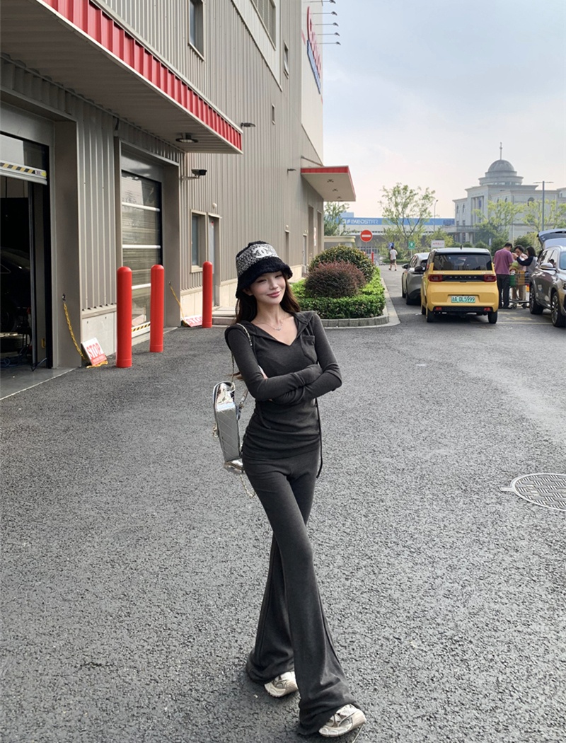 Pinched waist slim long pants autumn tops a set
