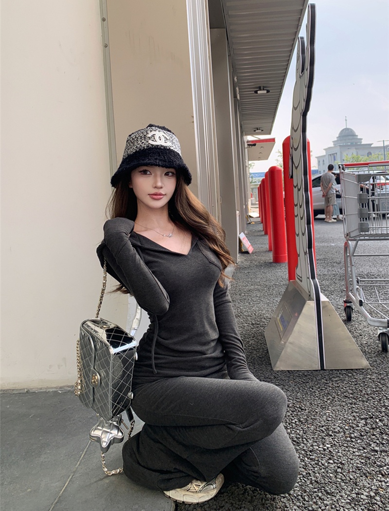 Pinched waist slim long pants autumn tops a set