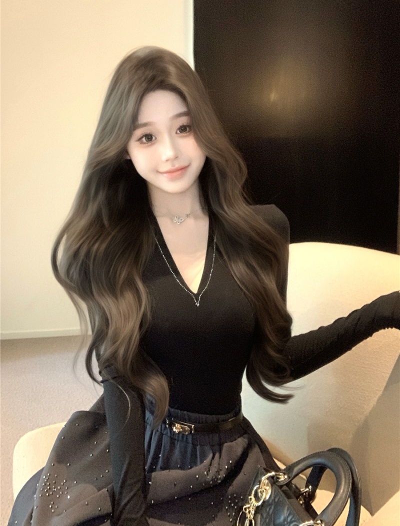 Light luxury V-neck skirt retro tops 2pcs set for women