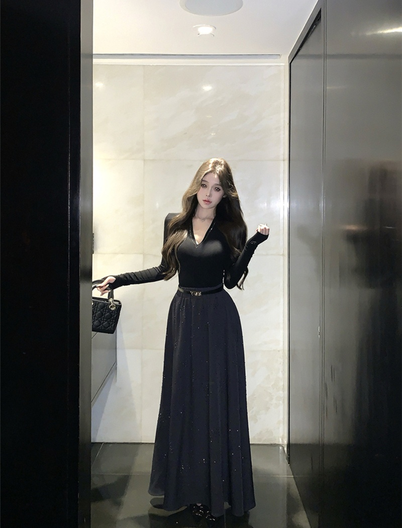 Light luxury V-neck skirt retro tops 2pcs set for women
