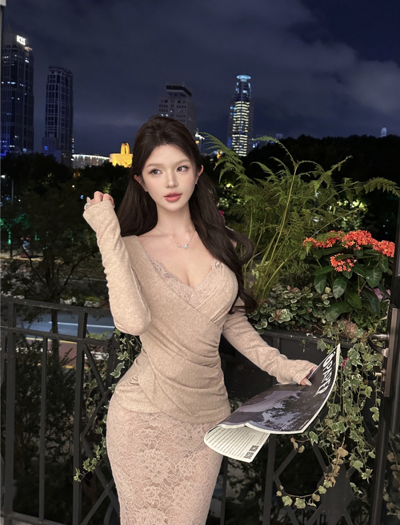 Retro package hip dress sexy tops 2pcs set for women