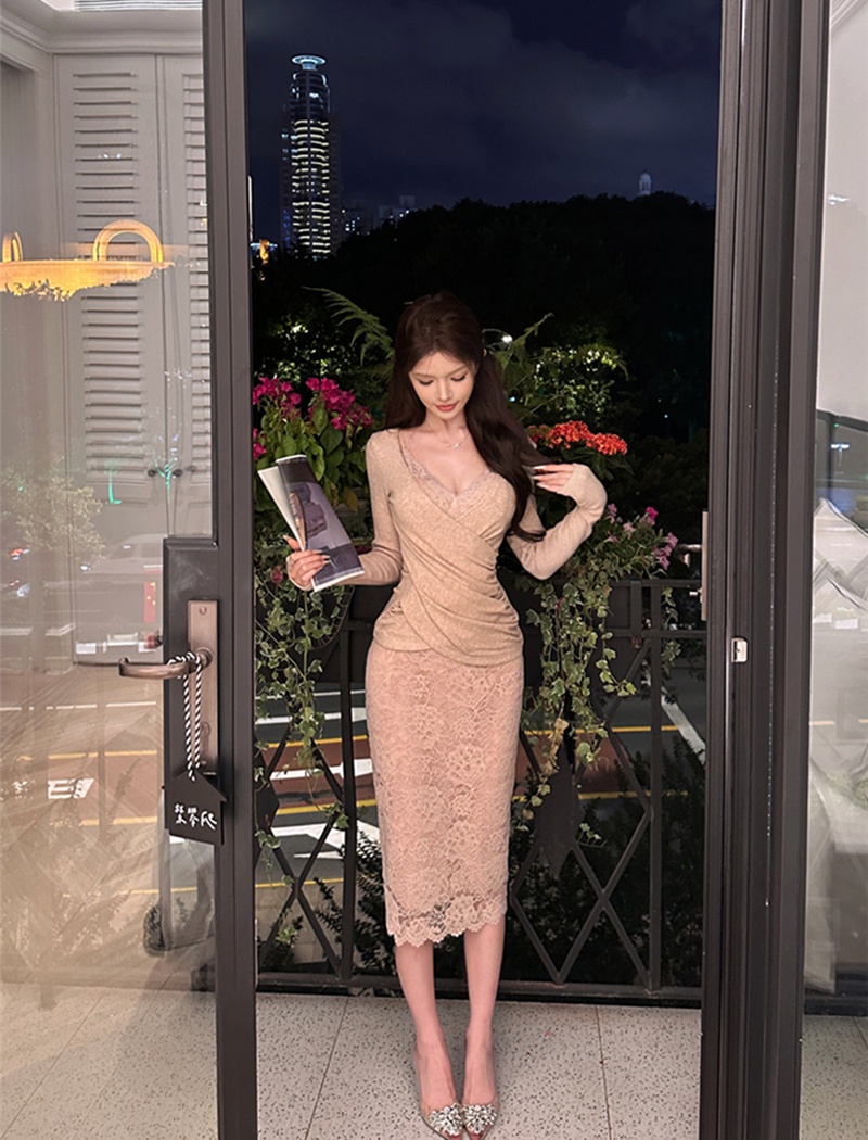 Retro package hip dress sexy tops 2pcs set for women