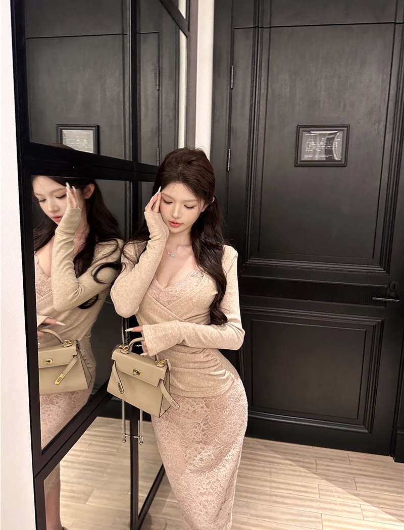 Retro package hip dress sexy tops 2pcs set for women
