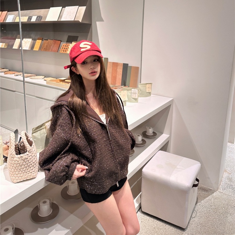 Retro loose autumn woolen chanelstyle hooded coat for women
