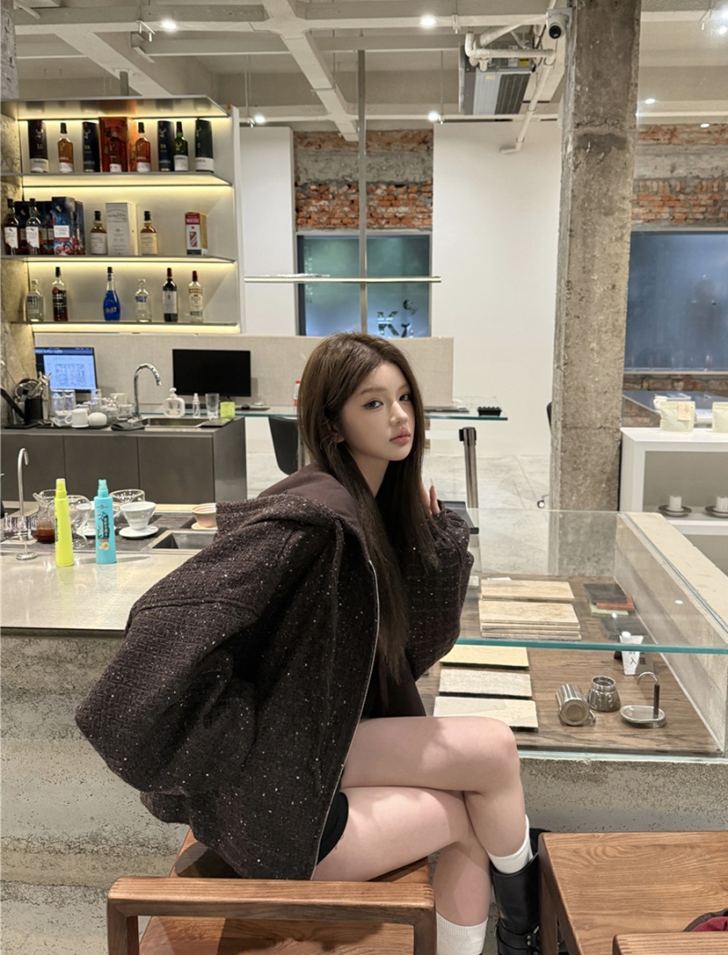 Retro loose autumn woolen chanelstyle hooded coat for women