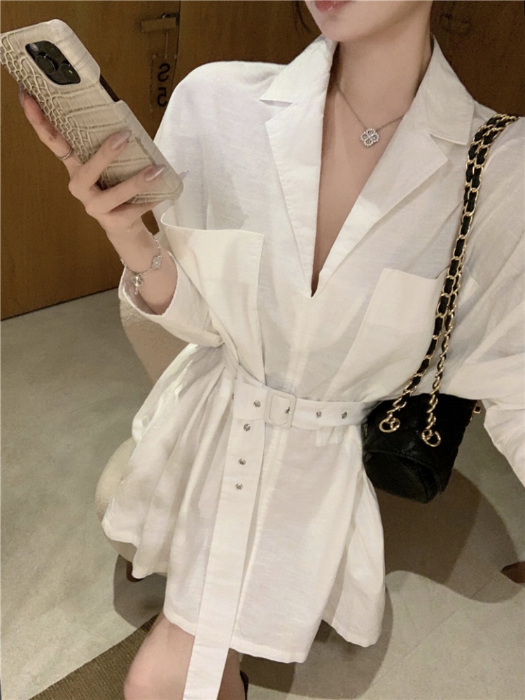 Retro slim shirt sexy with belt business suit for women