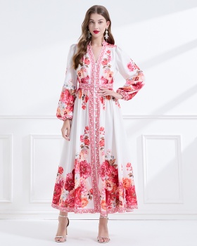 Single-breasted lotus leaf edges printing long dress