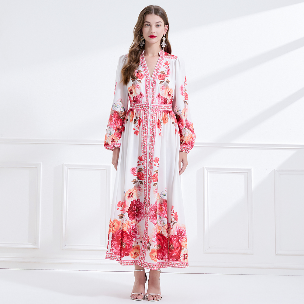 Single-breasted lotus leaf edges printing long dress