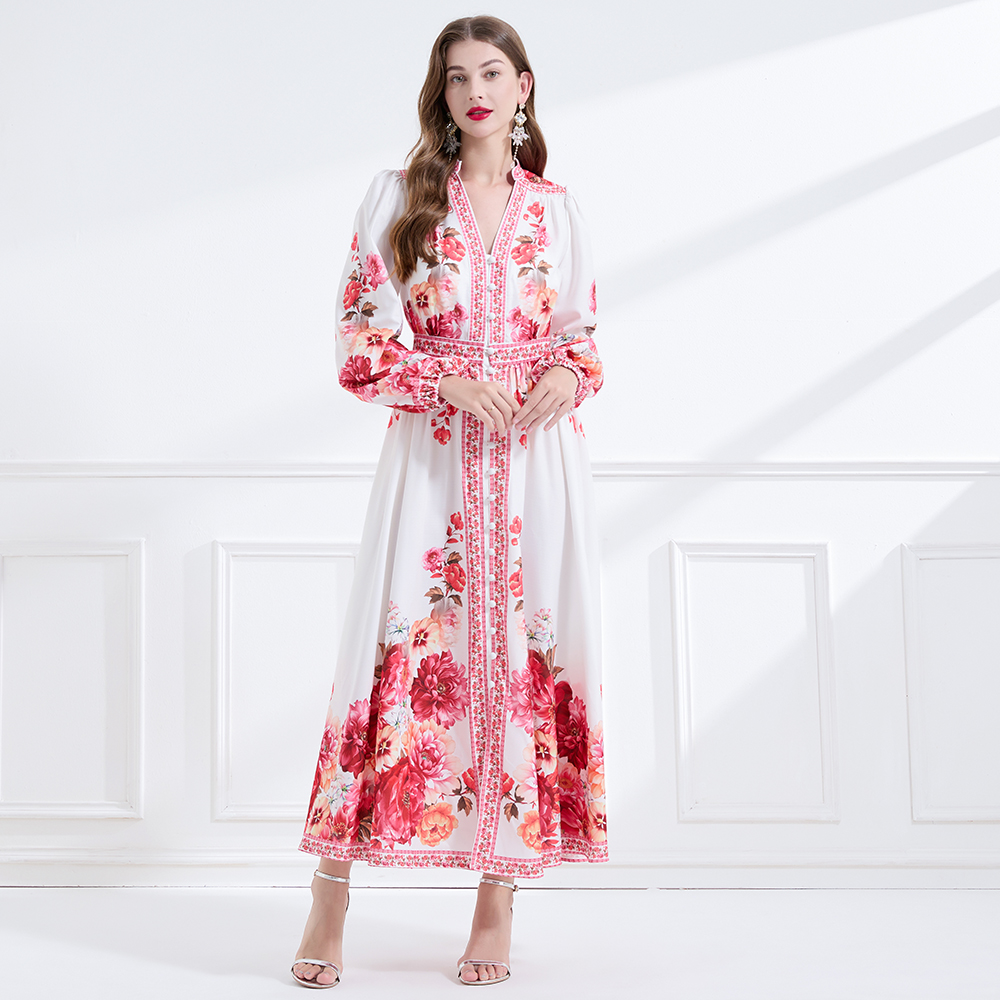 Single-breasted lotus leaf edges printing long dress