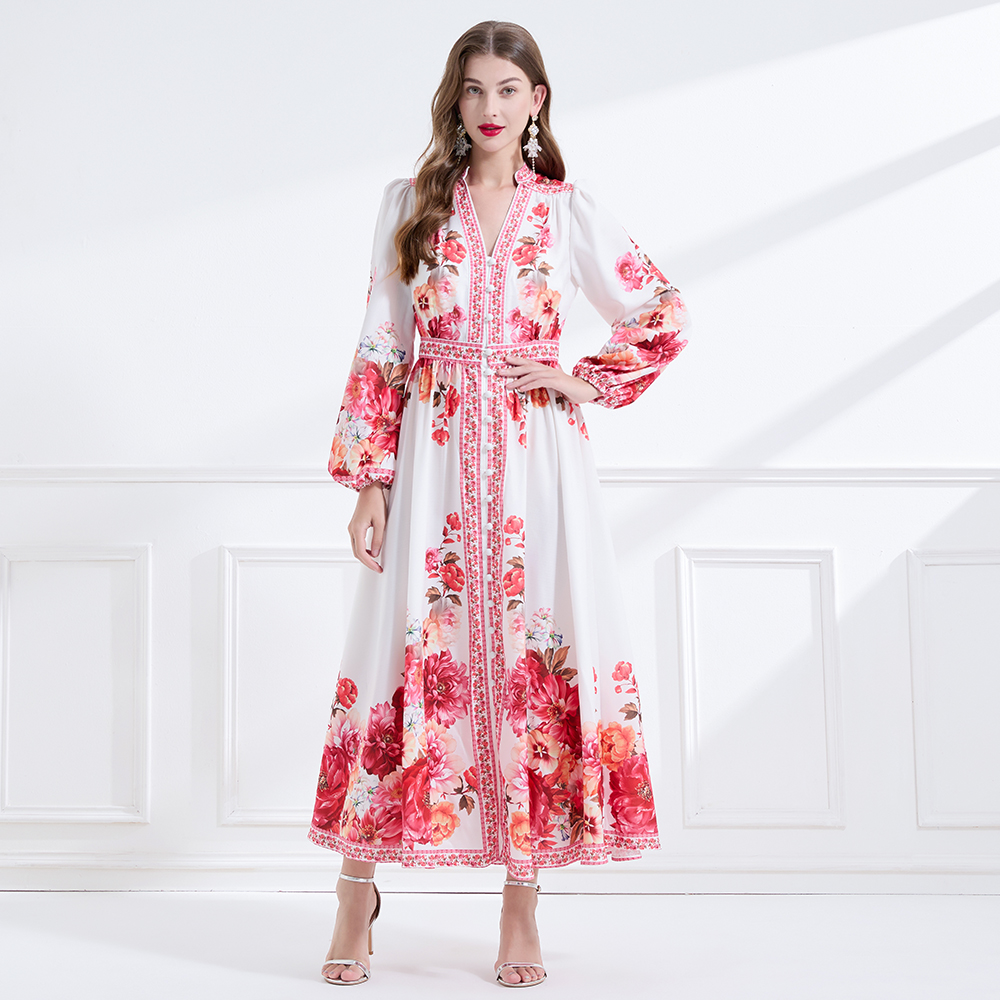 Single-breasted lotus leaf edges printing long dress
