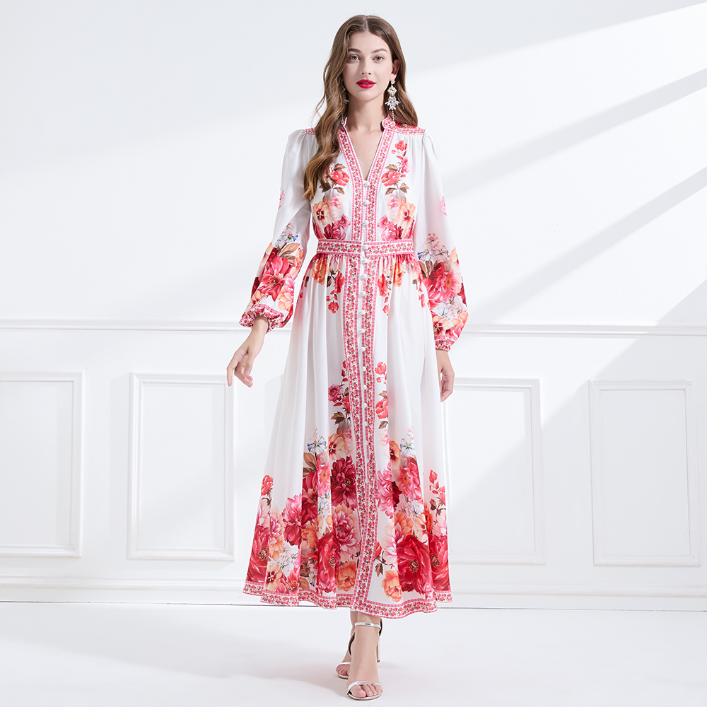 Single-breasted lotus leaf edges printing long dress