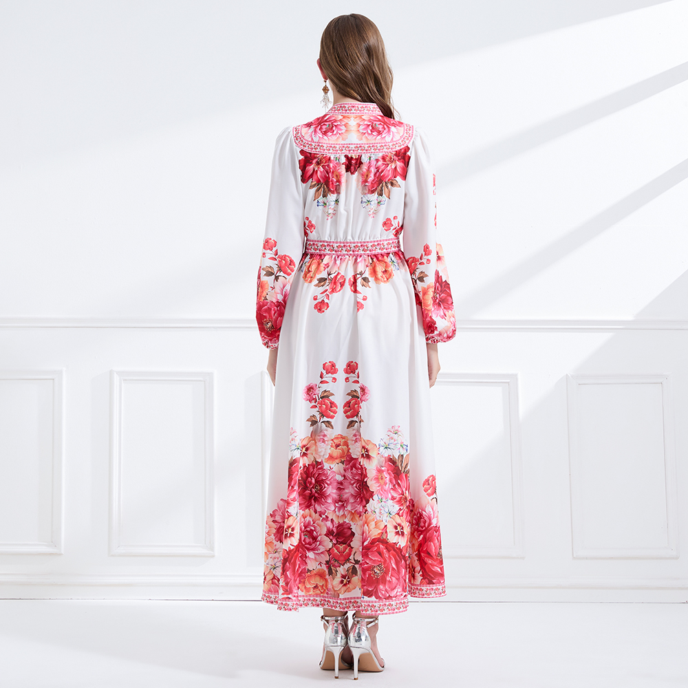 Single-breasted lotus leaf edges printing long dress
