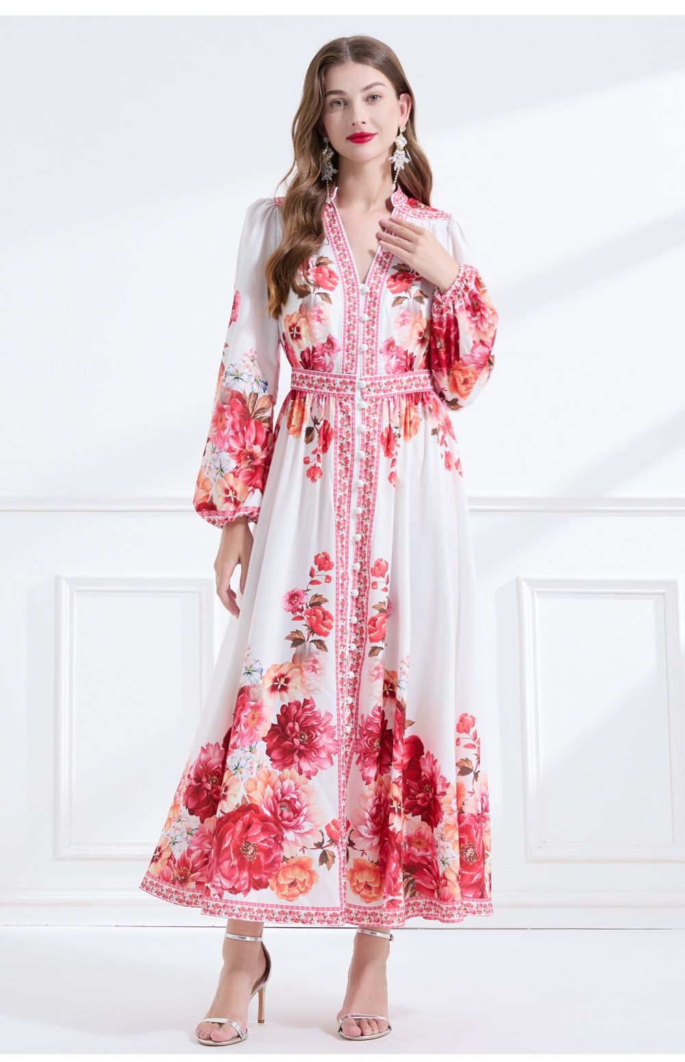 Single-breasted lotus leaf edges printing long dress