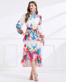 Printing cstand collar double lantern sleeve long dress