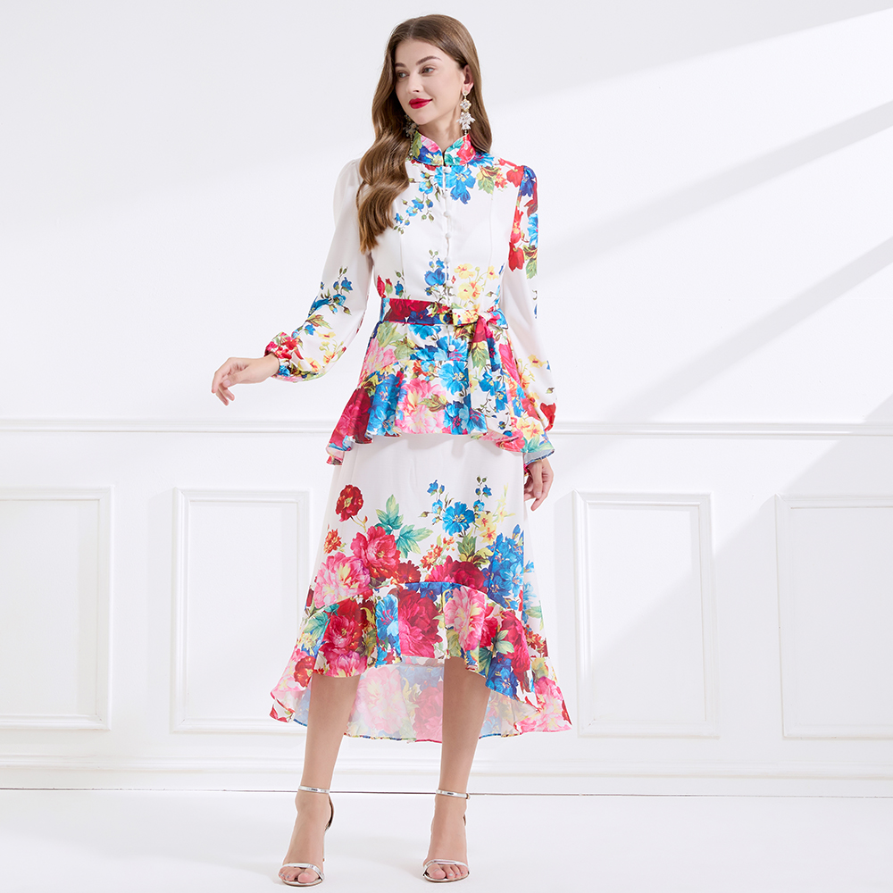 Printing cstand collar double lantern sleeve long dress
