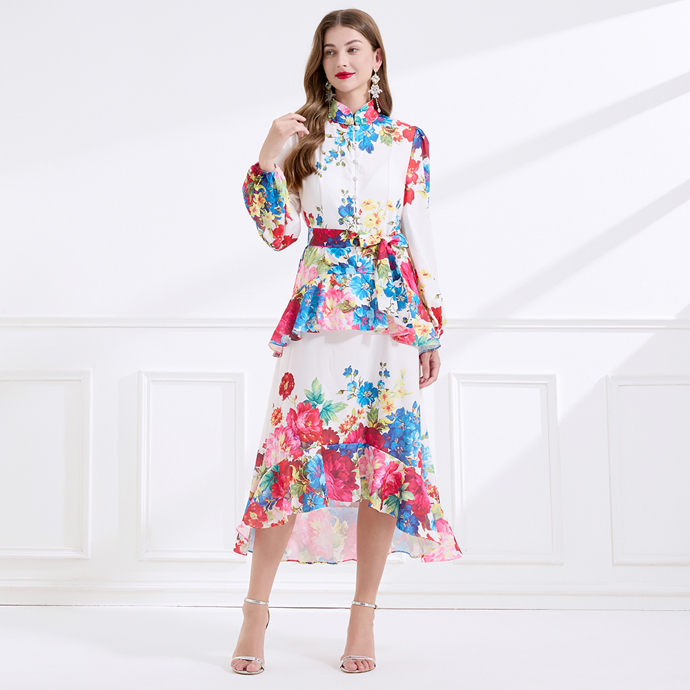 Printing cstand collar double lantern sleeve long dress