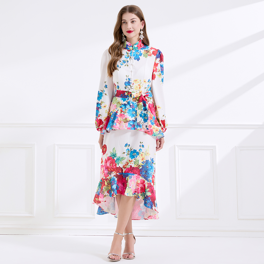 Printing cstand collar double lantern sleeve long dress