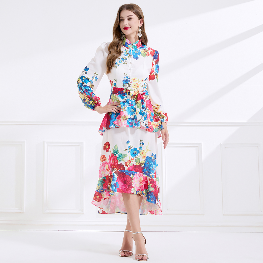 Printing cstand collar double lantern sleeve long dress