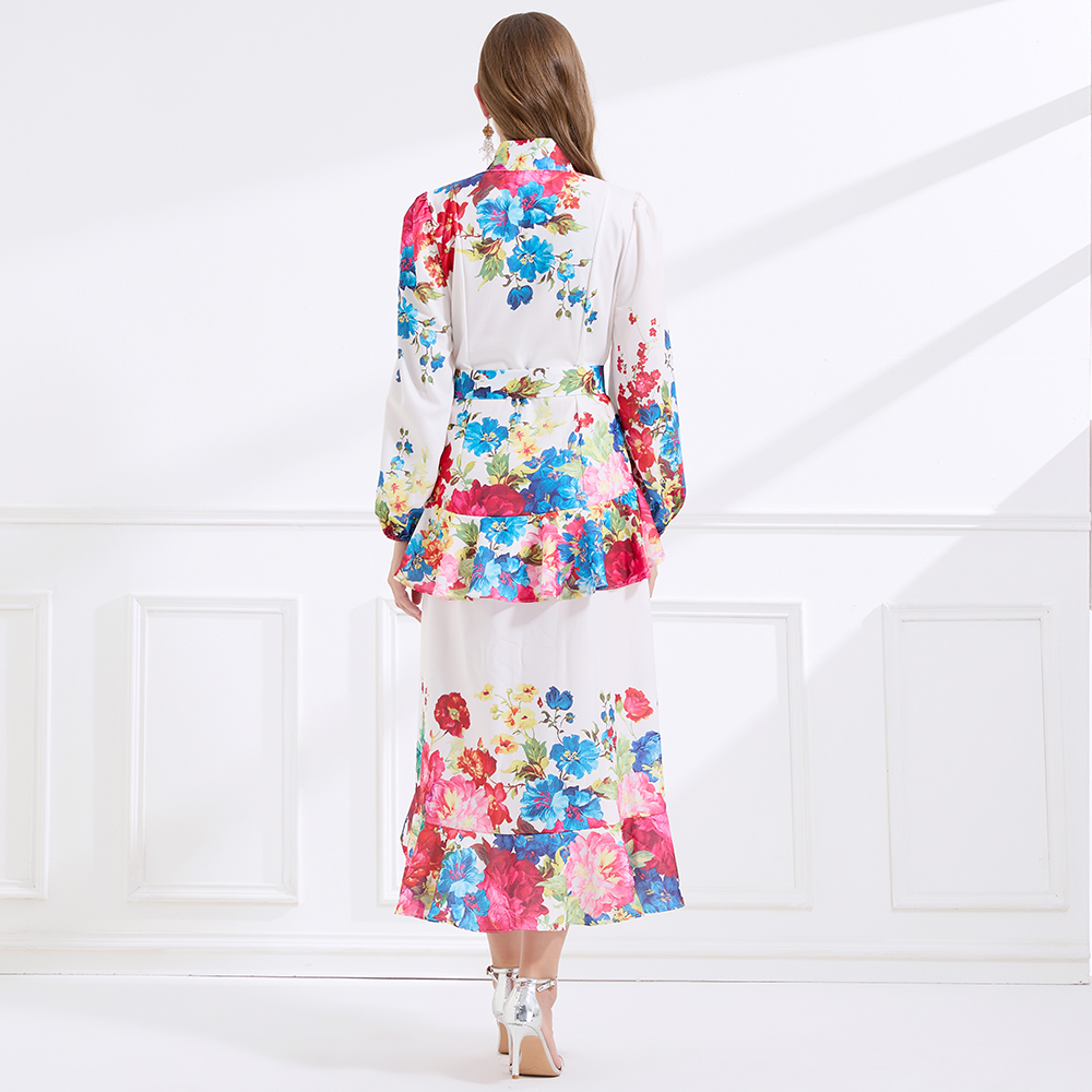 Printing cstand collar double lantern sleeve long dress