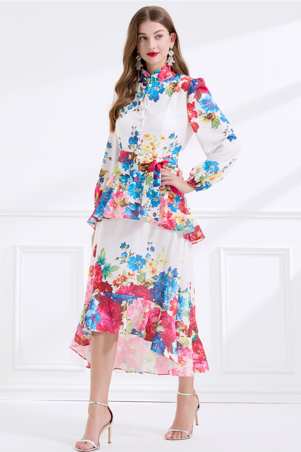 Printing cstand collar double lantern sleeve long dress