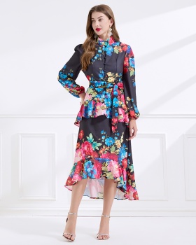 Double cstand collar flowers long dress
