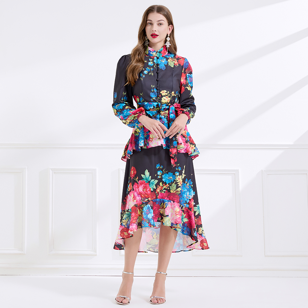 Double cstand collar flowers long dress