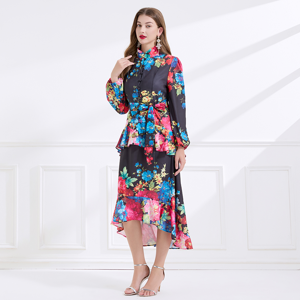 Double cstand collar flowers long dress