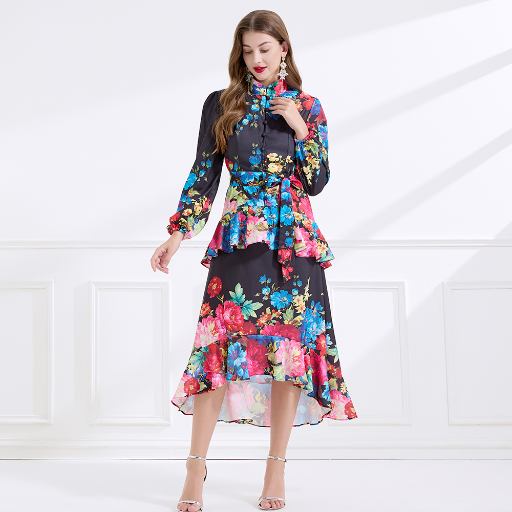 Double cstand collar flowers long dress