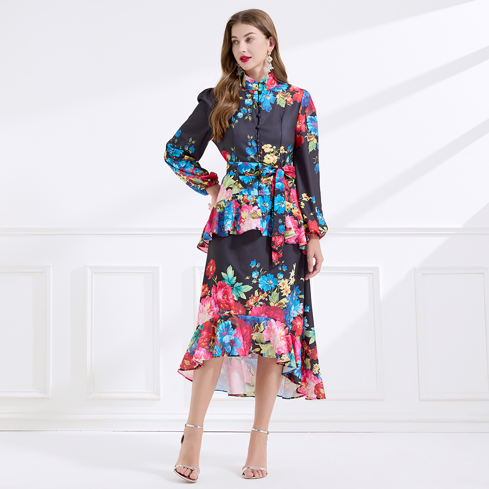 Double cstand collar flowers long dress