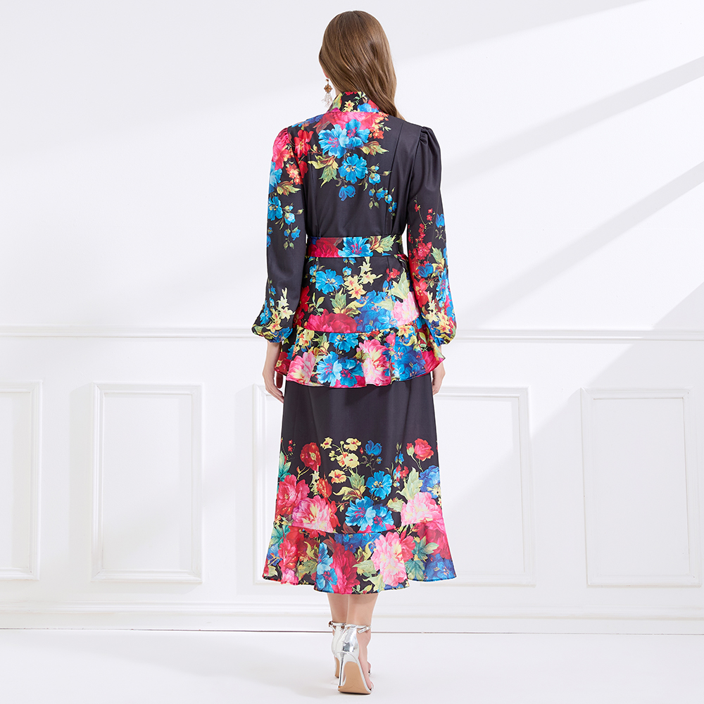Double cstand collar flowers long dress