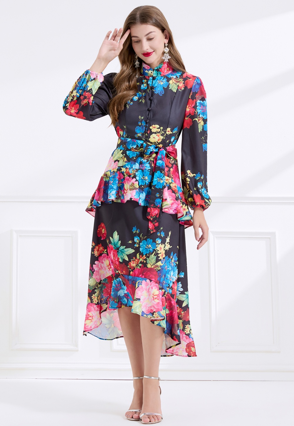 Double cstand collar flowers long dress