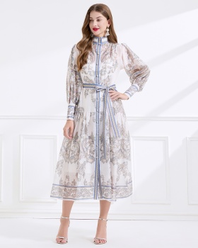 Printing cstand collar silk linen dress 2pcs set