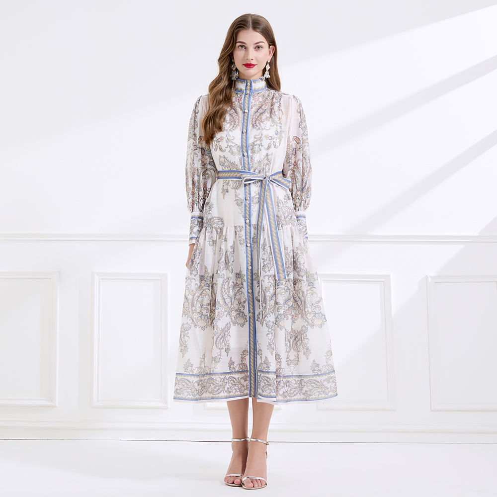 Printing cstand collar silk linen dress 2pcs set