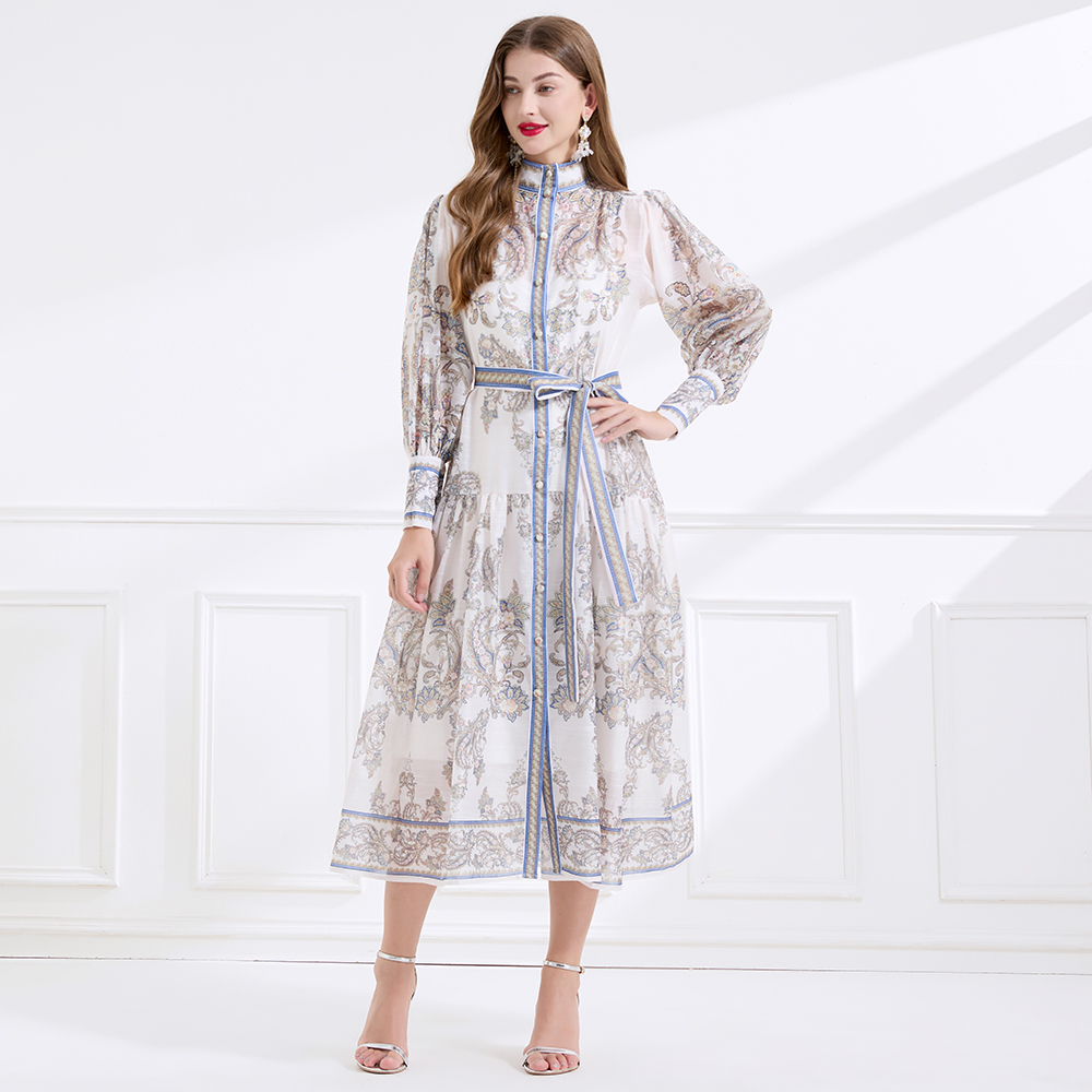 Printing cstand collar silk linen dress 2pcs set