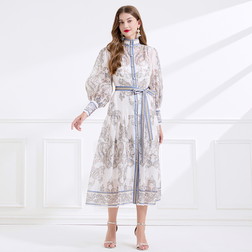 Printing cstand collar silk linen dress 2pcs set