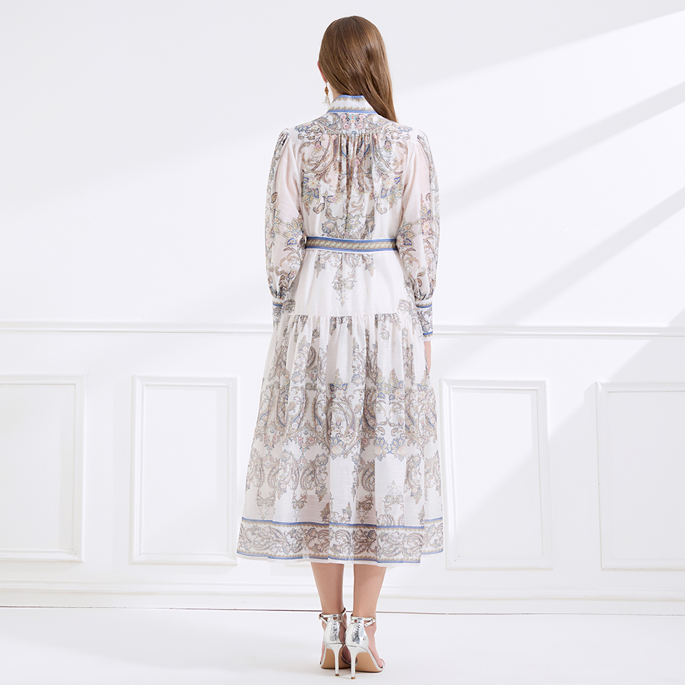 Printing cstand collar silk linen dress 2pcs set