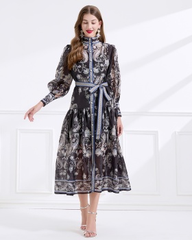 Silk linen autumn printing court style dress 2pcs set