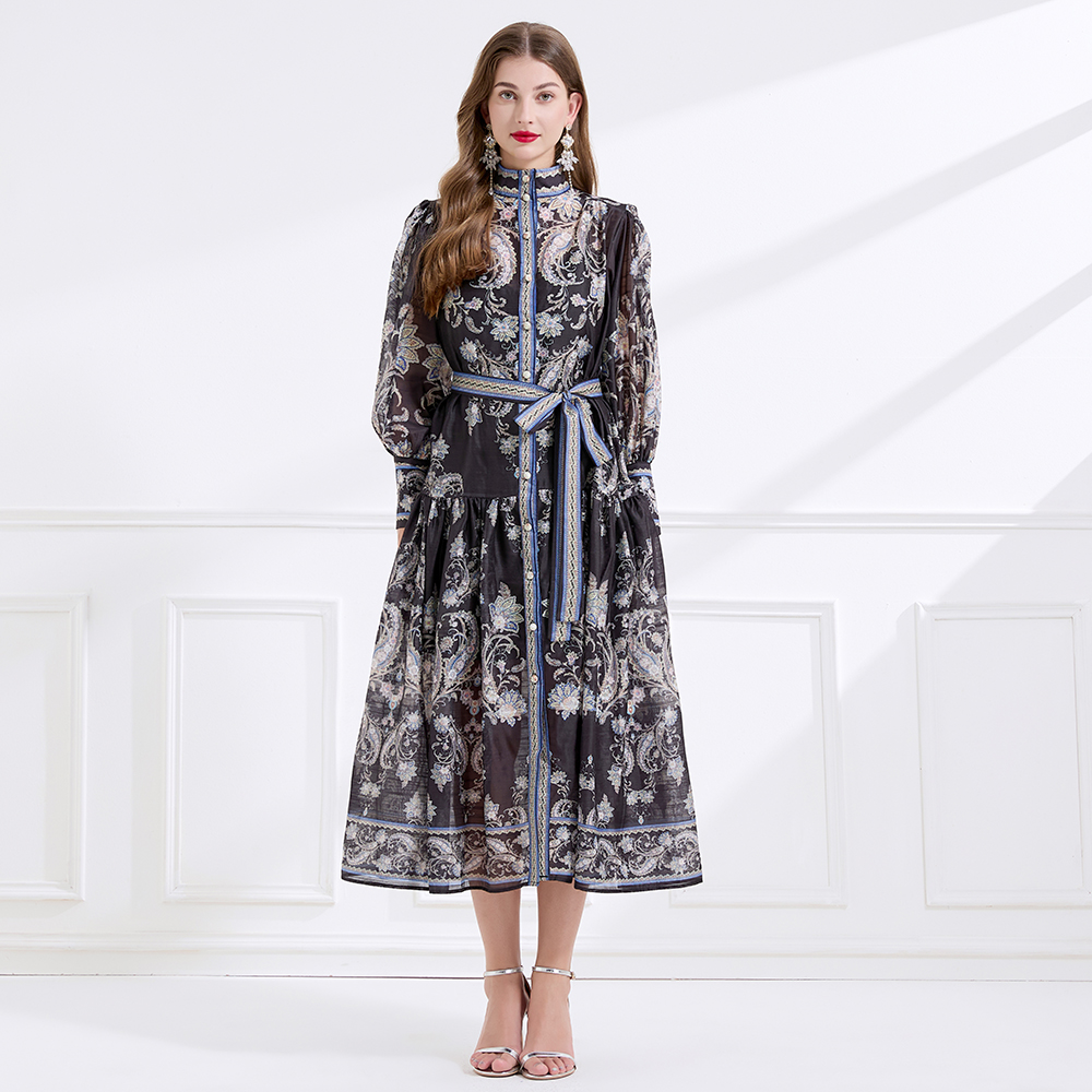 Silk linen autumn printing court style dress 2pcs set