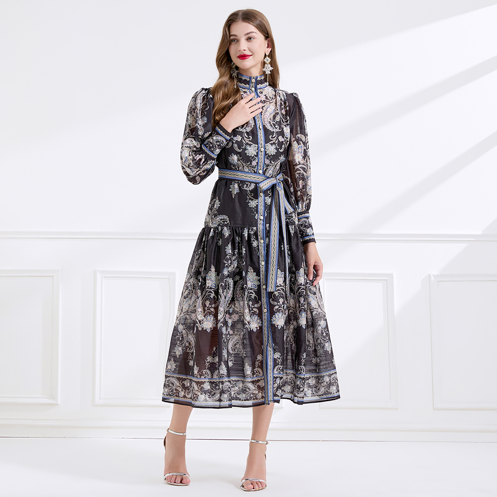 Silk linen autumn printing court style dress 2pcs set