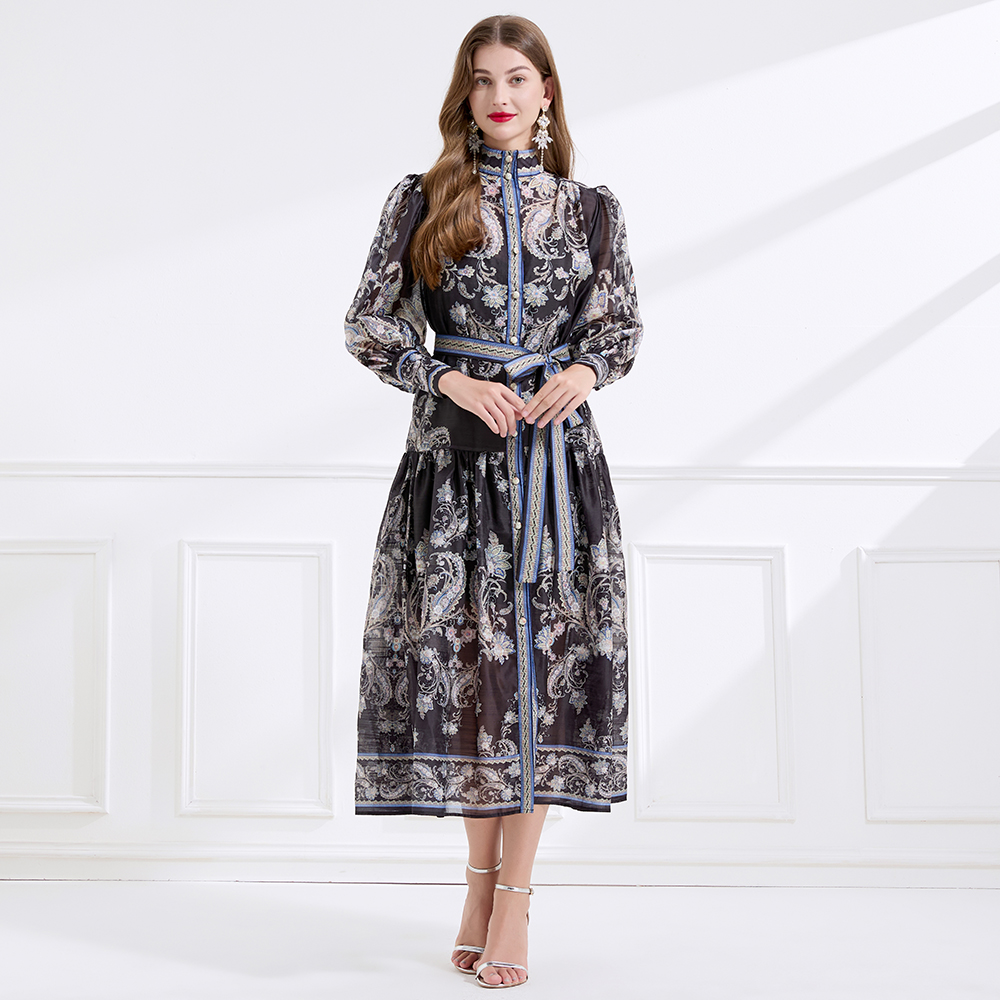 Silk linen autumn printing court style dress 2pcs set