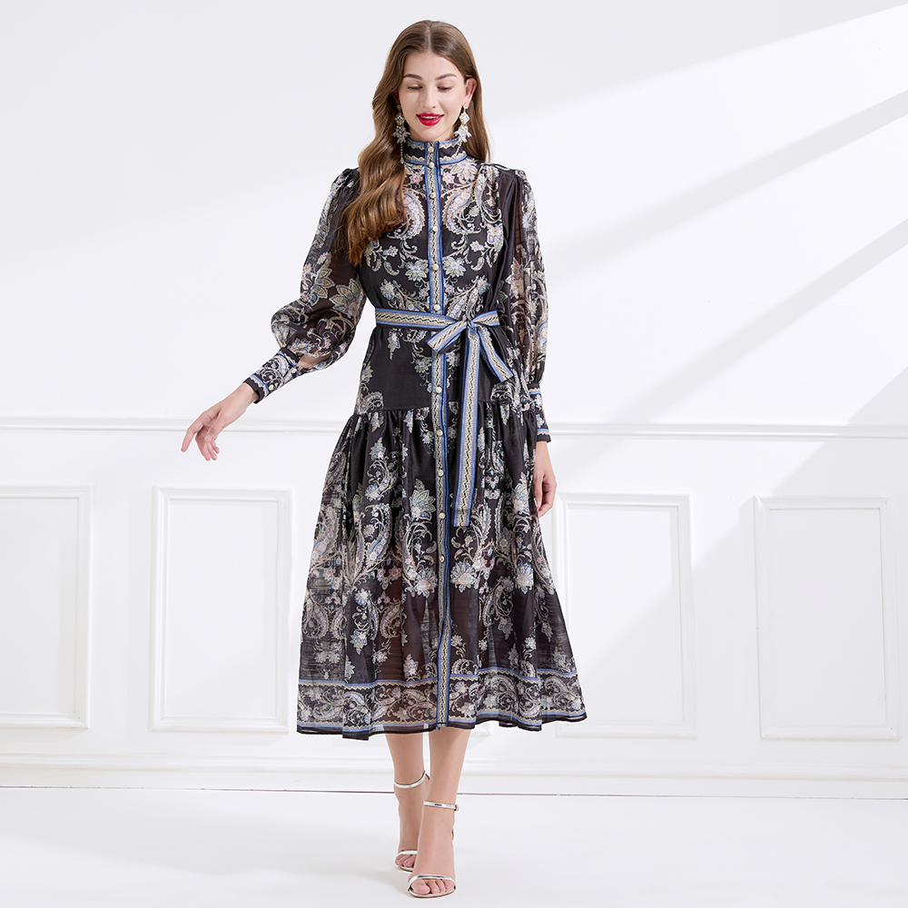 Silk linen autumn printing court style dress 2pcs set
