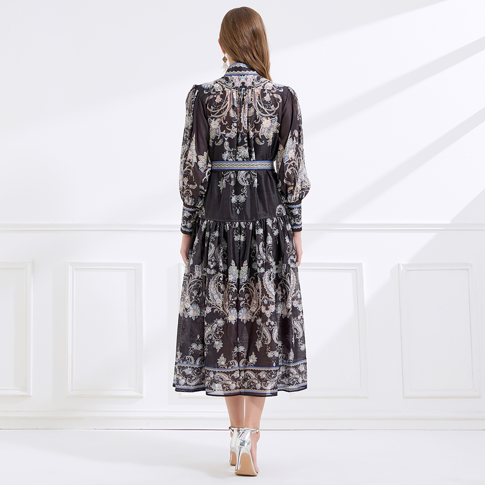 Silk linen autumn printing court style dress 2pcs set