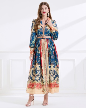 Printing retro court style autumn flax long dress