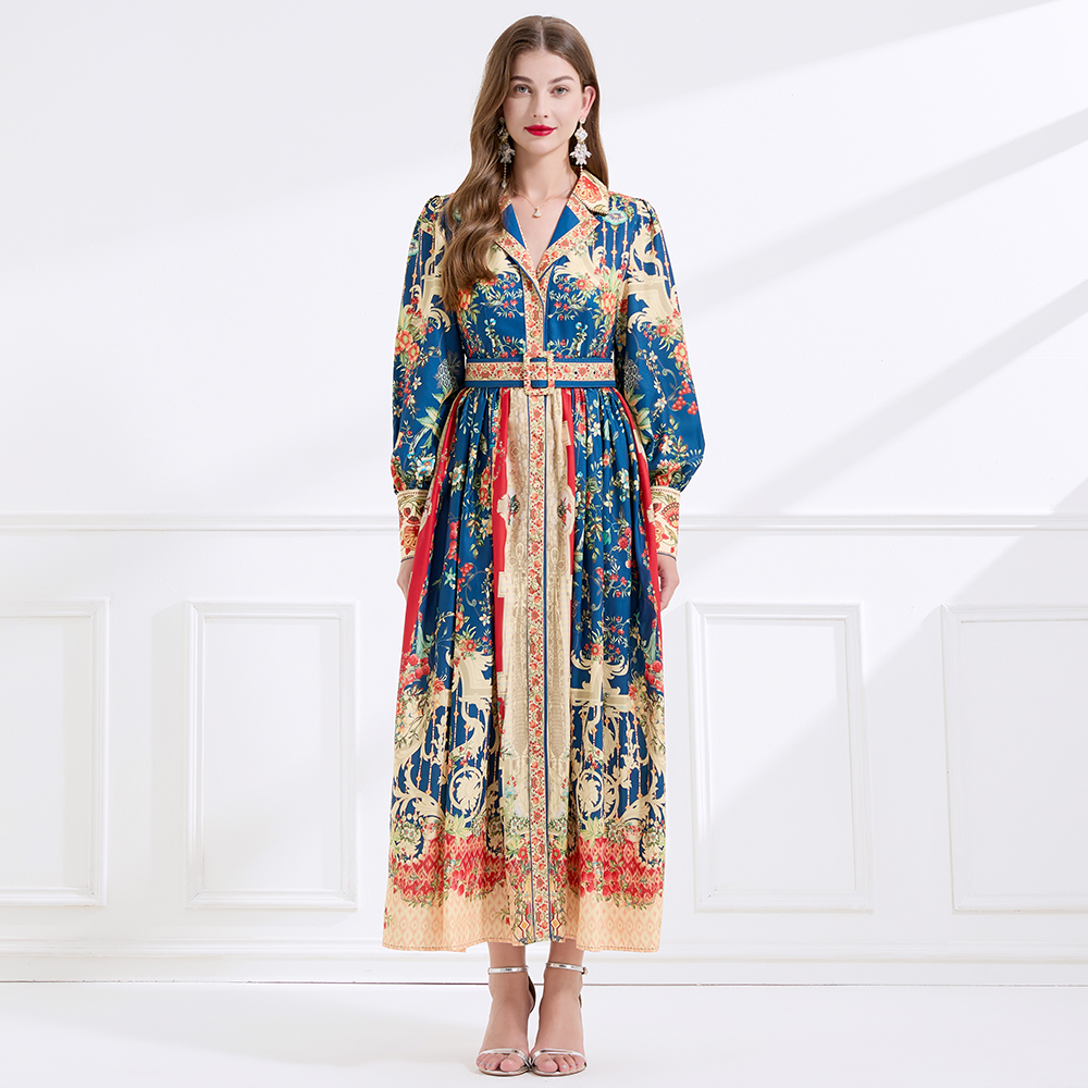 Printing retro court style autumn flax long dress