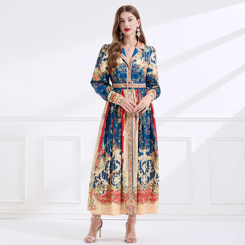 Printing retro court style autumn flax long dress