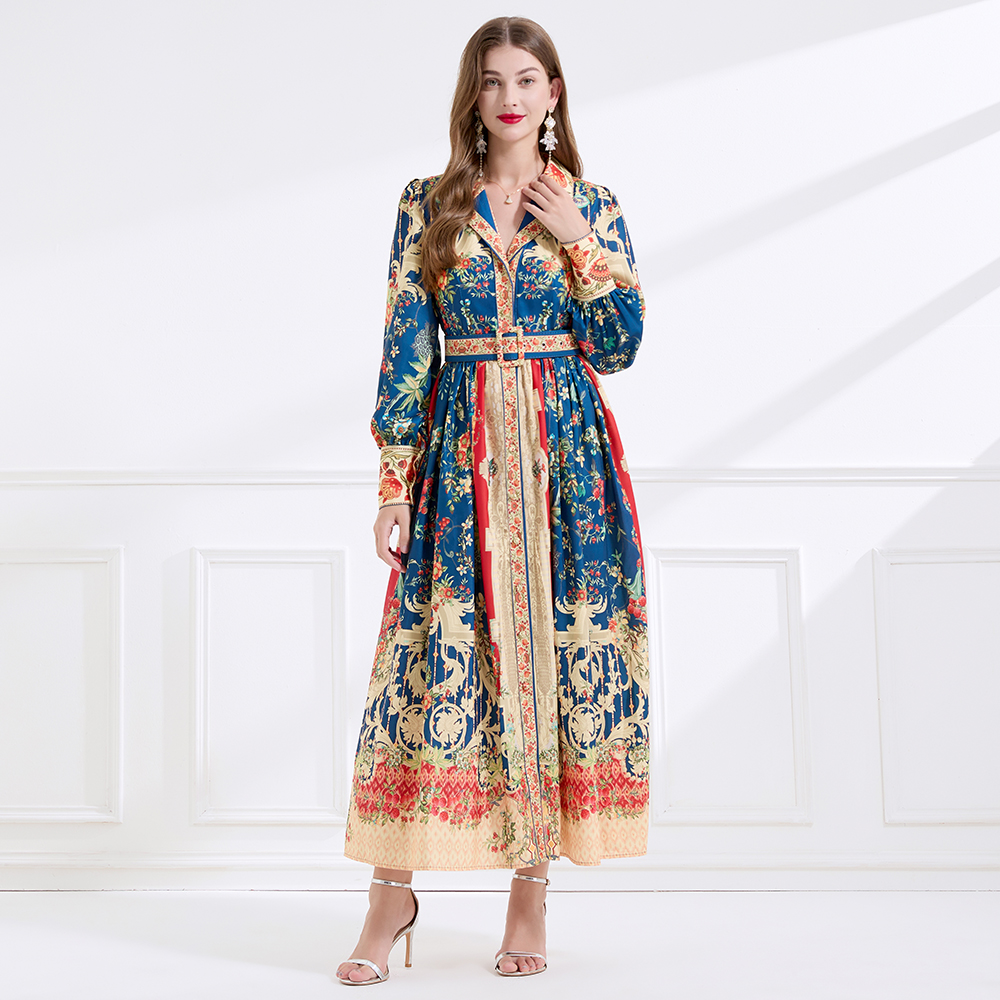Printing retro court style autumn flax long dress