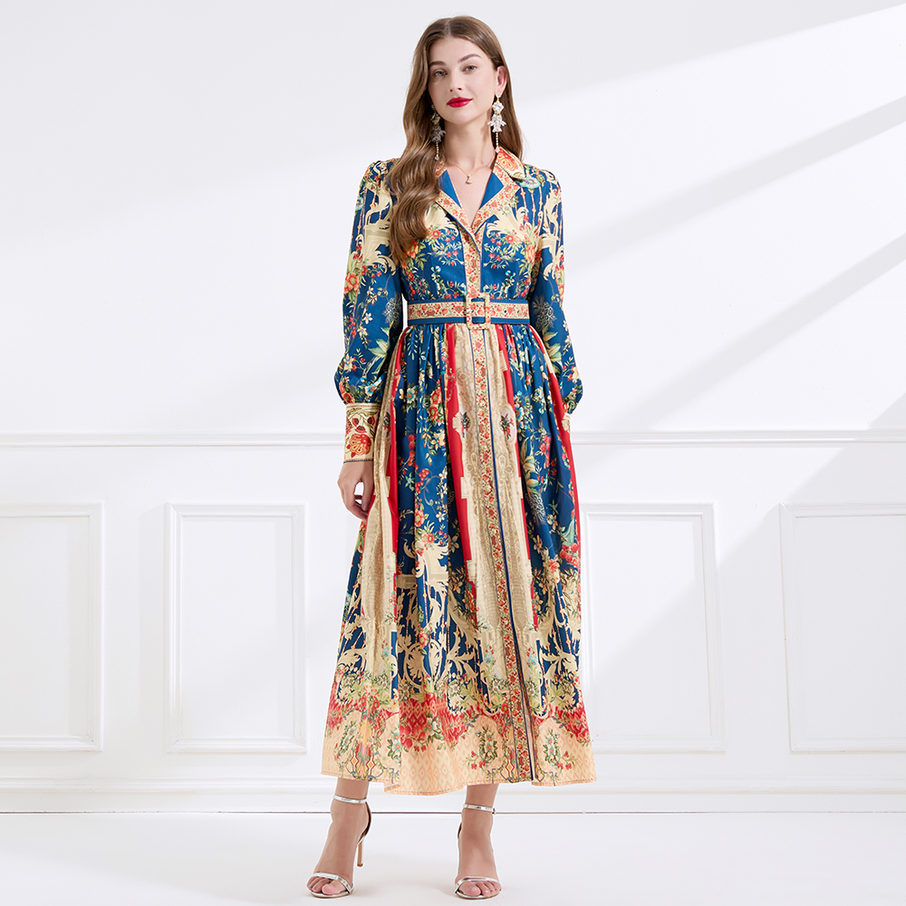 Printing retro court style autumn flax long dress