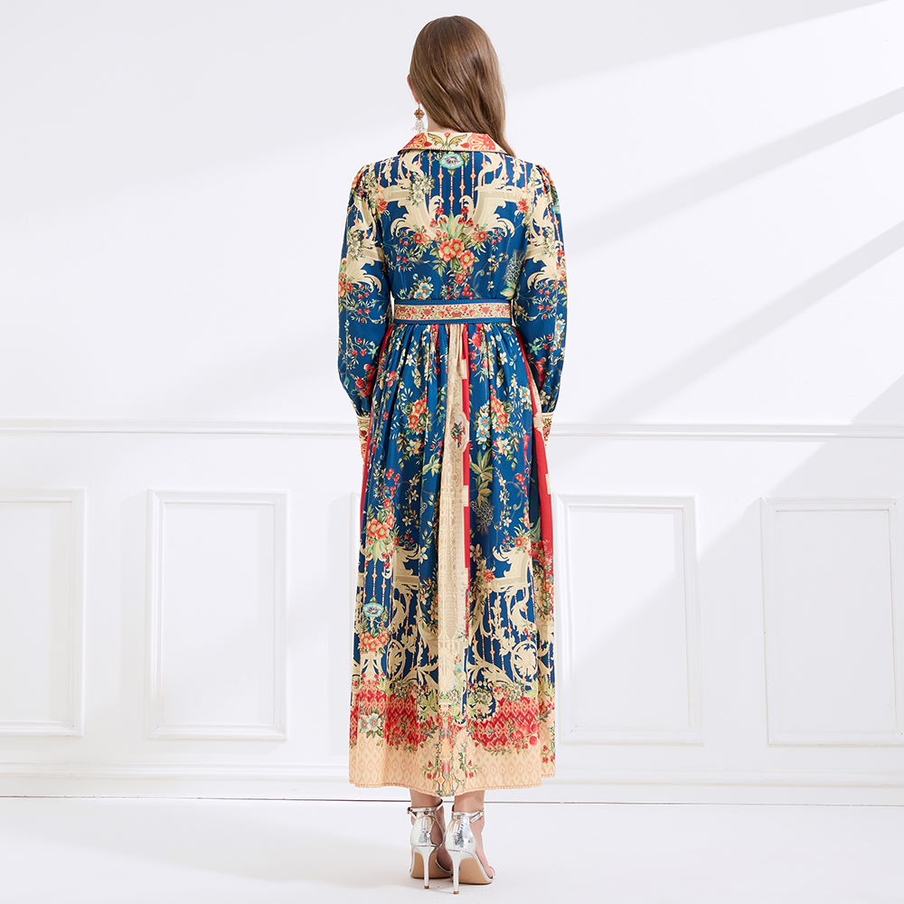 Printing retro court style autumn flax long dress