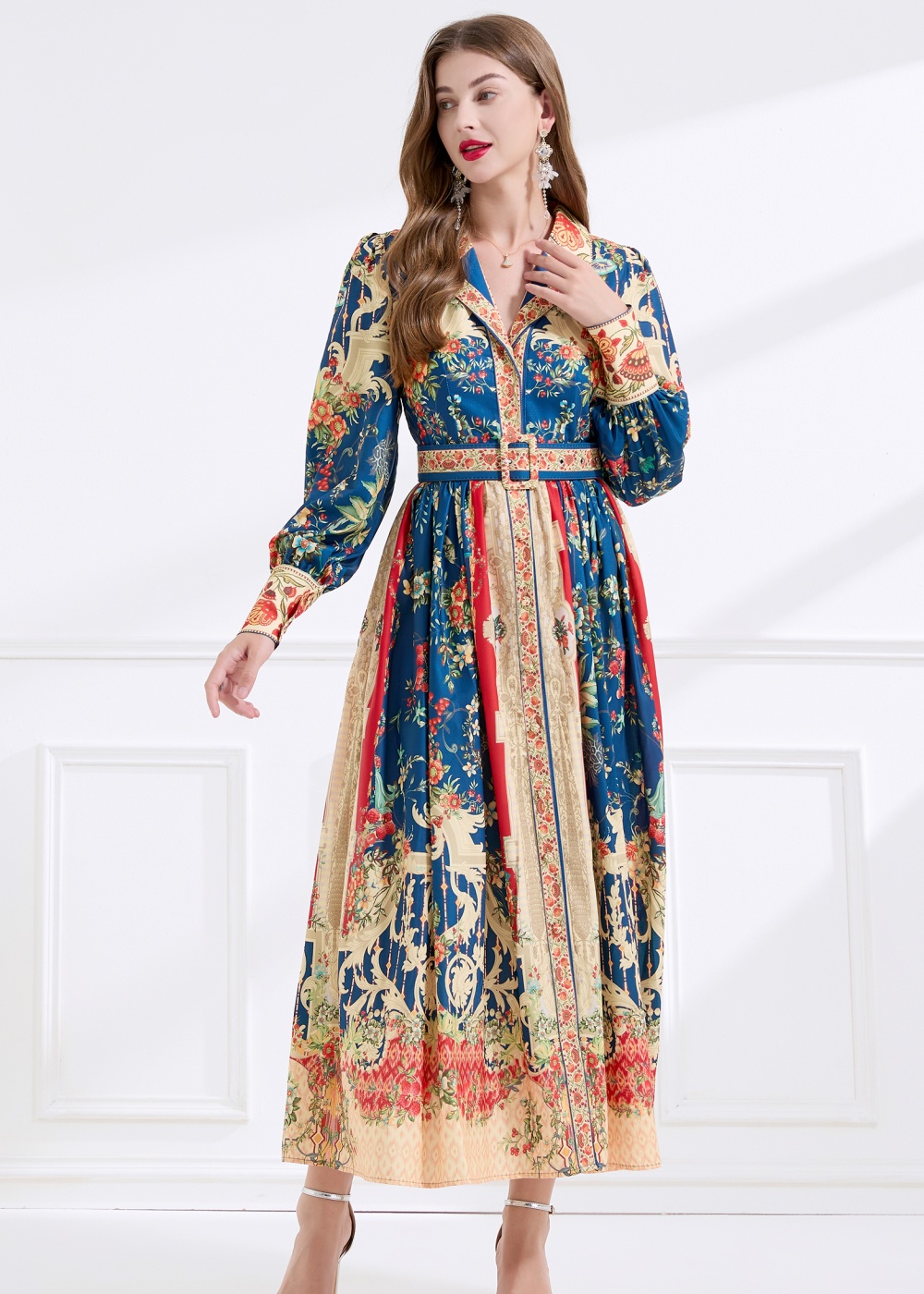 Printing retro court style autumn flax long dress